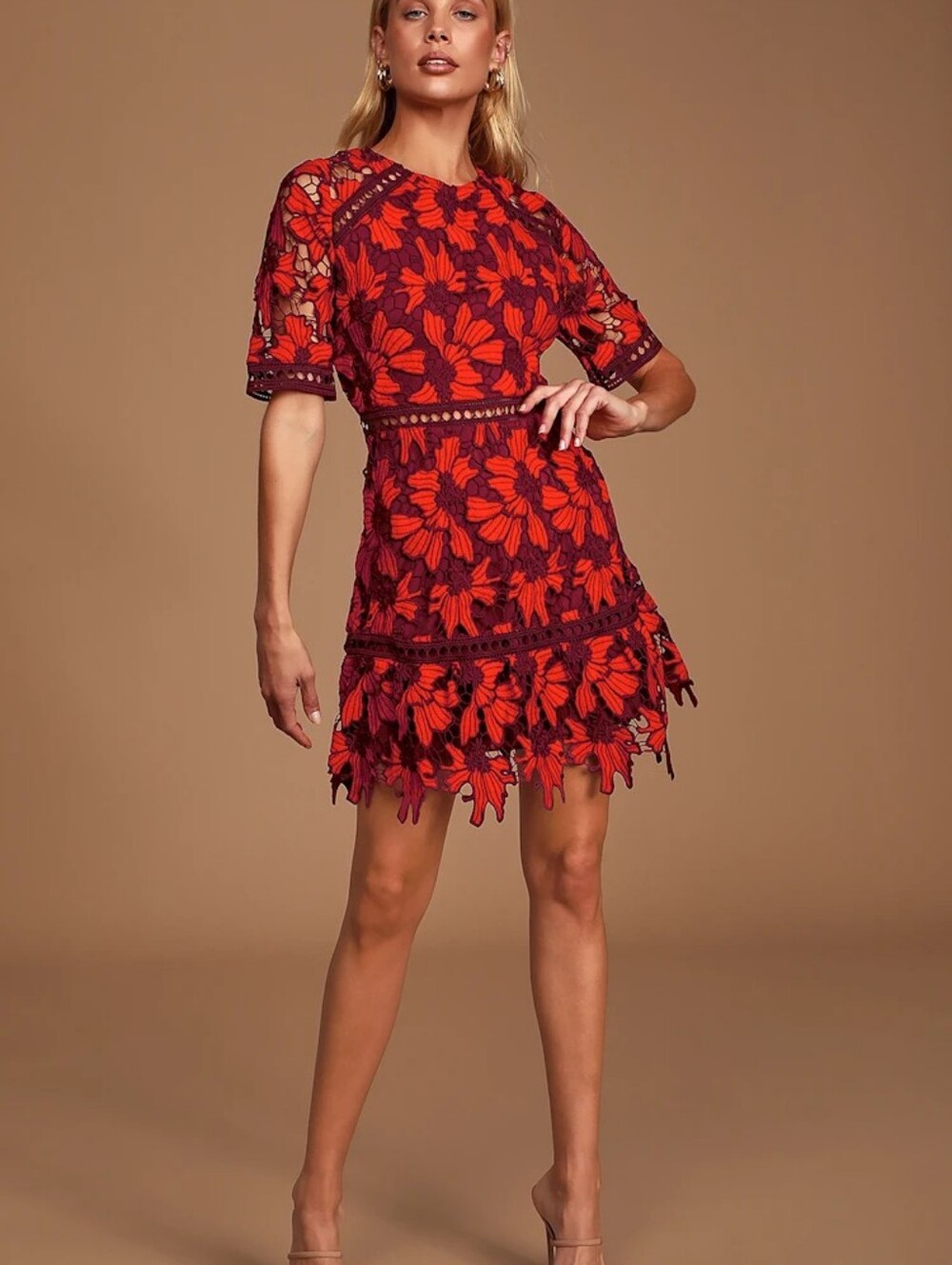 LULUS Love Me Forever Red And Burgundy Crochet Lace Dress size M